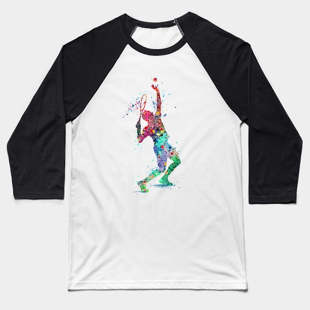 Tennis Boy Player Colorful Watercolor Tennis Serve Sports Gifts Baseball T-Shirt by LotusGifts